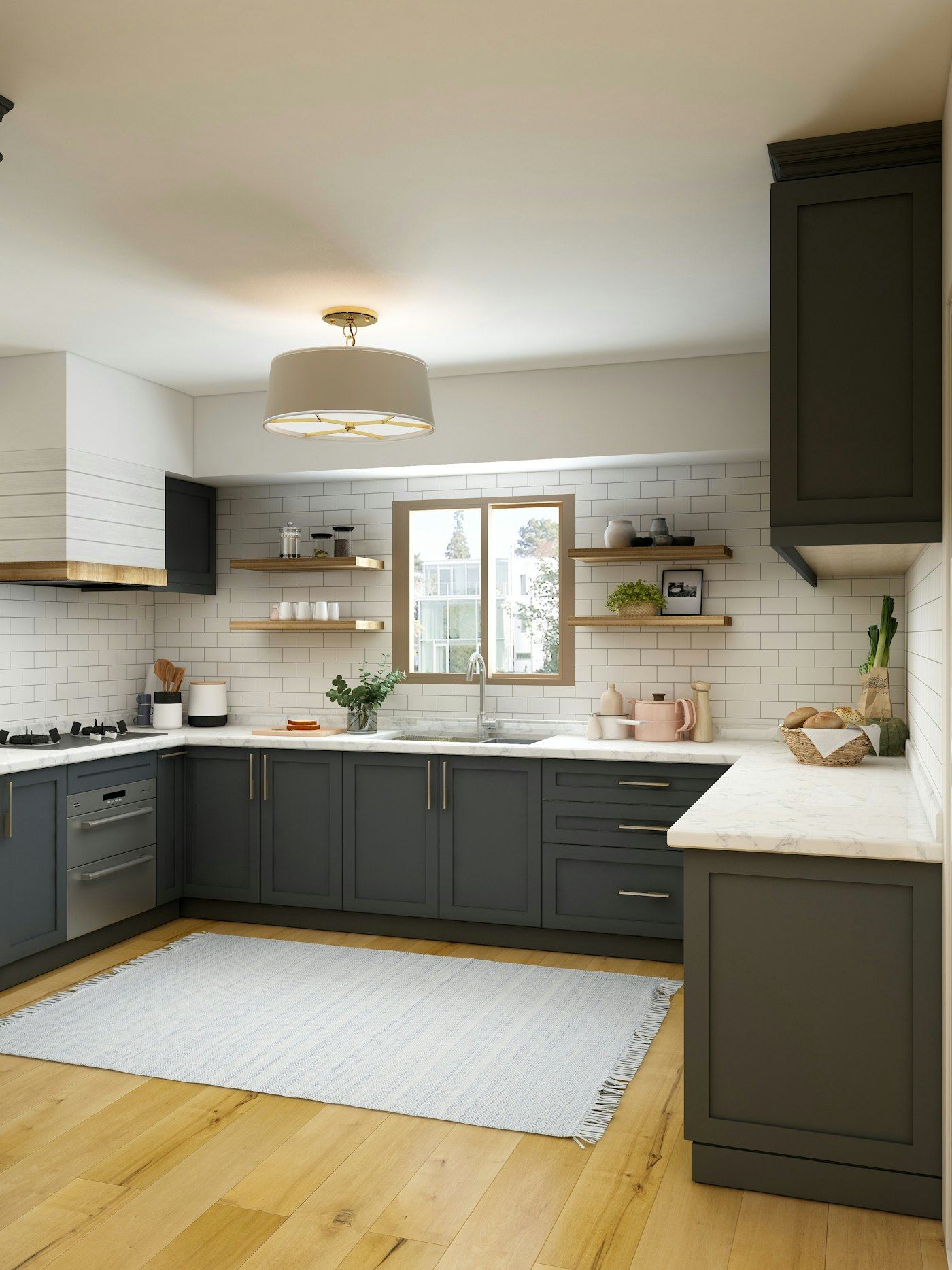 Donkergroene keuken met witte wanden en een houten vloer